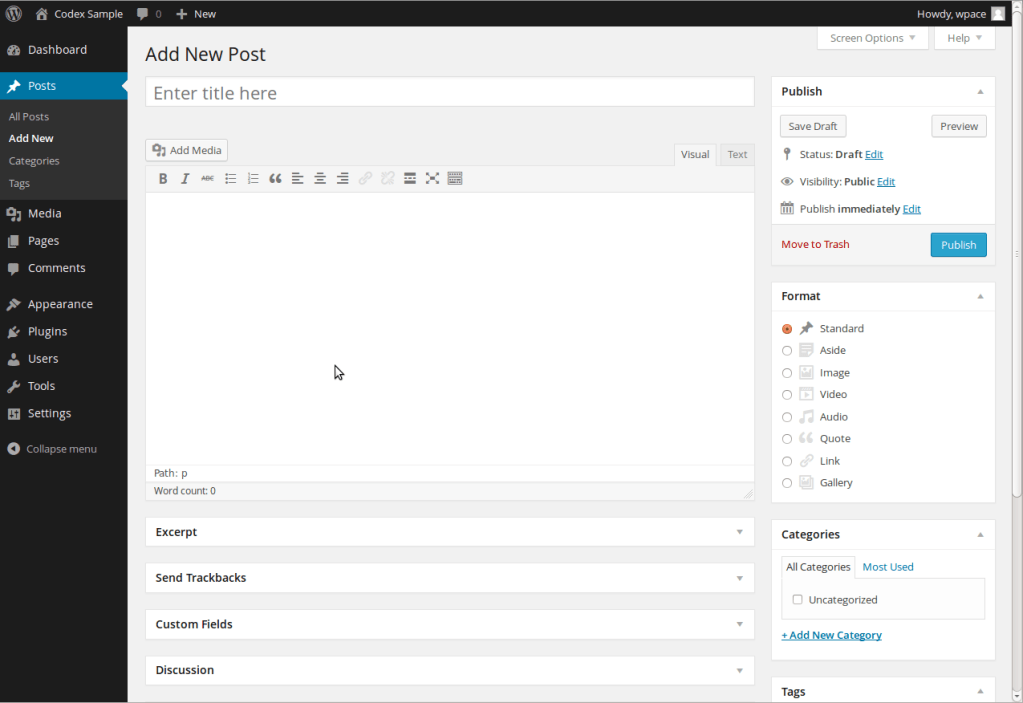 Screenshot of WordPress 'add new post'
