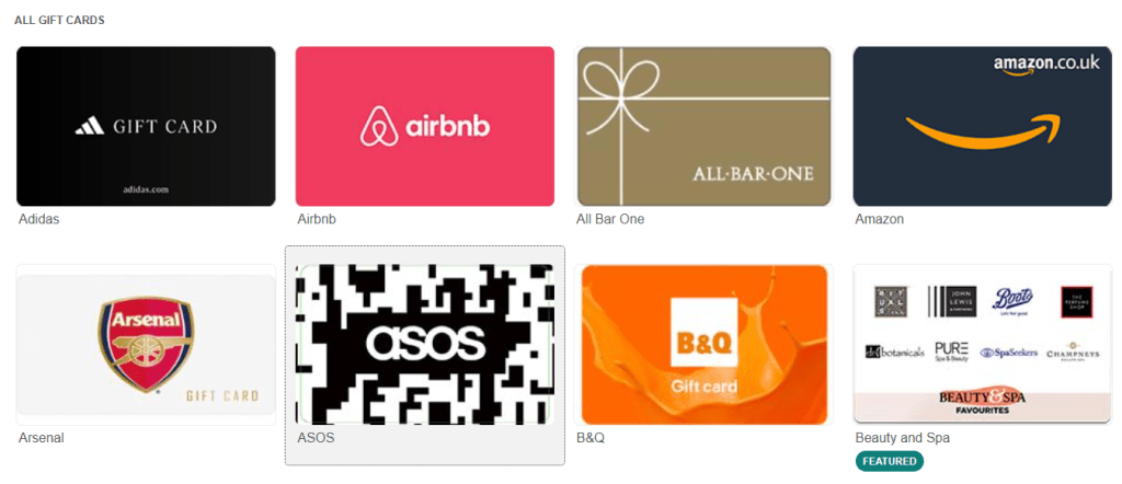 Screenshot of gift cards