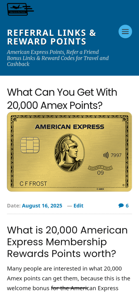 Screenshot of blog post titled: 'What can you get with 20000 American Express Rewards Points?: