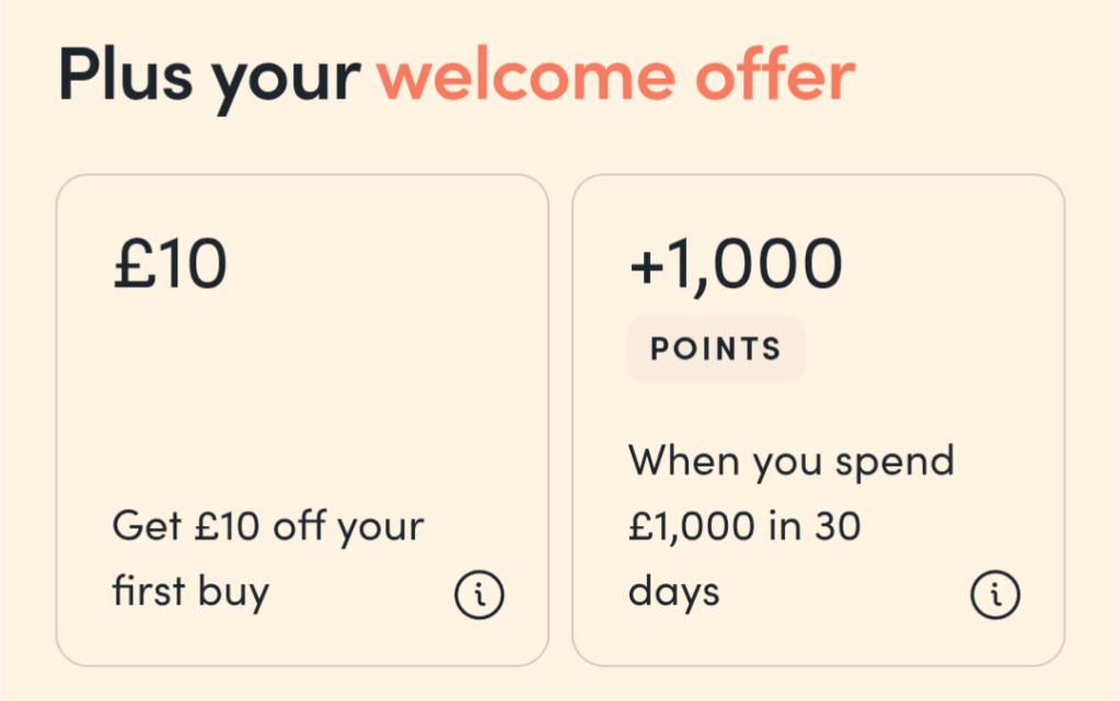 Screenshot of Yonder bonus details: £10 off first buy plus 1000 bonus points